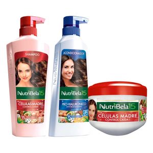 Pack NUTRIBELA Shampoo Células Madre 400ml + Acondicionador Hialurónico 370ml + Tratamiento Capilar Células Madre 300ml
