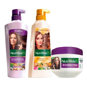 Pack NUTRIBELA Shampoo Biokeratina 400ml + Acondicionador Reparacion Intensiva 370ml + Tratamiento Capilar Biokeratina 300g