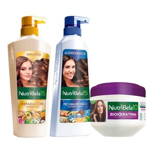 Pack NUTRIBELA Shampoo Reparacion Intensiva 400ml + Acondicionador Hialurónico 370ml + Tratamiento Capilar Biokeratina 300g