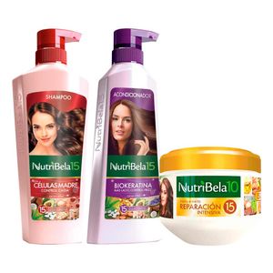 Pack NUTRIBELA Shampoo Células Madre 400ml + Acondicionador Biokeratina 370ml + Tratamiento Capilar Reparación Intensiva 300ml
