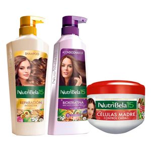 Pack NUTRIBELA Shampoo Reparacion Intensiva 400ml + Acondicionador Biokeratina 370ml + Tratamiento Capilar Células Madre 300ml