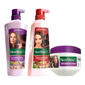 Pack NUTRIBELA Shampoo Biokeratina 400ml + Acondicionador Células Madre 370ml + Tratamiento Capilar Biokeratina 300g