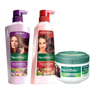 Pack NUTRIBELA Shampoo Biokeratina 400ml + Acondicionador Células Madre 370ml + Tratamiento Capilar Nutrición 300g