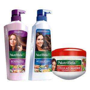 Pack NUTRIBELA Shampoo Biokeratina 400ml + Acondicionador Hialurónico 370ml + Tratamiento Capilar Células Madre 300ml