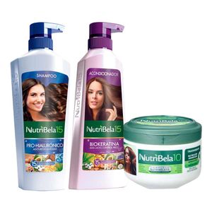 Pack NUTRIBELA Shampoo Hialurónico 400ml + Acondicionador Biokeratina 370ml + Tratamiento Capilar Nutrición 300g