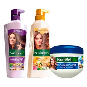 Pack NUTRIBELA Shampoo Biokeratina 400ml + Acondicionador Reparacion Intensiva 370ml + Tratamiento Capilar Hialurónico 300ml