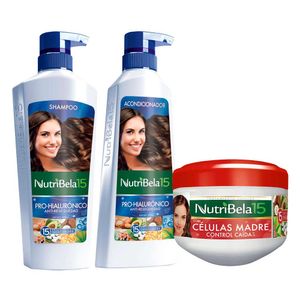 Pack NUTRIBELA Shampoo Hialurónico 400ml + Acondicionador Hialurónico 370ml + Tratamiento Capilar Células Madre 300ml
