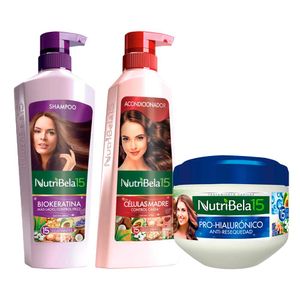Pack NUTRIBELA Shampoo Biokeratina 400ml + Acondicionador Células Madre 370ml + Tratamiento Capilar Hialurónico 300ml