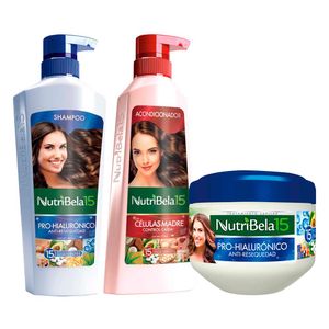 Pack NUTRIBELA Shampoo Hialurónico 400ml + Acondicionador Células Madre 370ml + Tratamiento Capilar Hialurónico 300ml