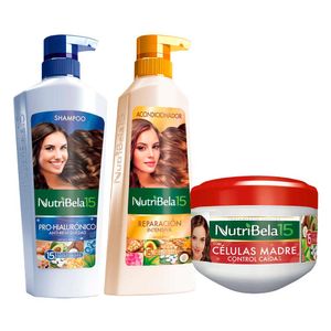 Pack NUTRIBELA Shampoo Hialurónico 400ml + Acondicionador Reparacion Intensiva 370ml + Tratamiento Capilar Células Madre 300ml