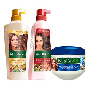 Pack NUTRIBELA Shampoo Reparacion Intensiva 400ml + Acondicionador Células Madre 370ml + Tratamiento Capilar Hialurónico 300ml