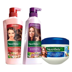 Pack NUTRIBELA Shampoo Células Madre 400ml + Acondicionador Biokeratina 370ml + Tratamiento Capilar Hialurónico 300ml
