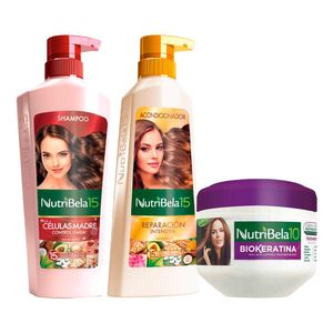 Pack NUTRIBELA Shampoo Células Madre 400ml + Acondicionador Reparacion Intensiva 370ml + Tratamiento Capilar Biokeratina 300g