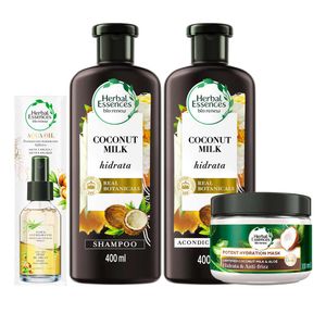 Pack HERBAL ESSENCES Shampoo Leche de Coco 400ml + Acondicionador + Mascarilla 300ml + Tratamiento Capilar