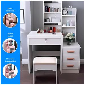 Tocador maquillaje espejo iluminado con 4 cajones y sillón Blanco