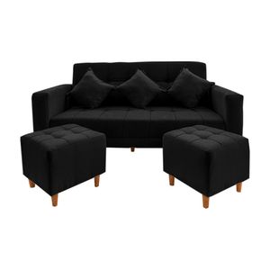 Sofá Bonn 3 Cuerpos con 2 Puffs Negro Movenda