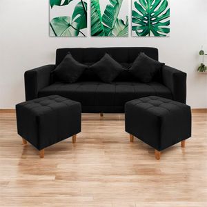 Sofá Bonn 3 Cuerpos con 2 Puffs Negro Movenda