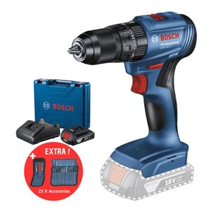 Taladro atornillador percutor 18V Inalámbrico GSB 185-LI + 1 Baterías + 23 accesorios