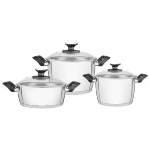 Juego de Ollas Allegra Baquelita de acero inoxidable fondo triple con mangos y asas de baquelita 6 piezas