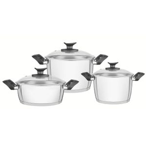 Juego de Ollas Allegra Baquelita de acero inoxidable fondo triple con mangos y asas de baquelita 6 piezas