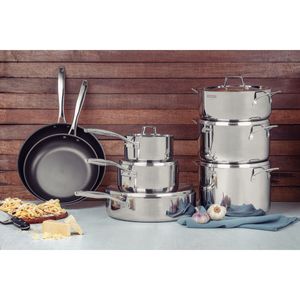 Sartén Tramontina Grano de acero inoxidable con cuerpo triple con tapa y mango 30 cm 5,6 L