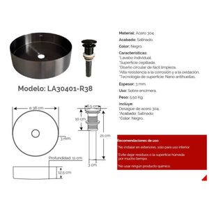 Bowl de Acero para baño XM  LA30401-R38 Acero Inoxidable 304 Negro
