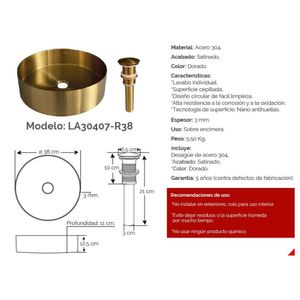 Bowl de Acero para baño XM  LA30407-R38 Acero Inoxidable 304 Dorado