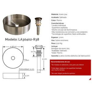 Bowl de Acero para baño XM  LA30402-R38 Acero Inoxidable 304 Plateado
