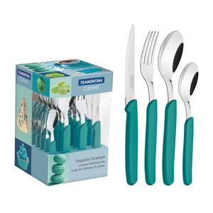 Juego de Cubiertos Tramontina Carmel con Láminas de Acero Inoxidable y Mangos de Polipropileno Turquesa Medio 24 Piezas