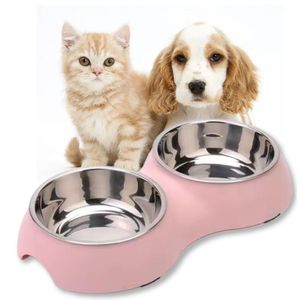 Plato con Doble Cuento para Mascota Comedero Bebedero Perros y Gatos Rosado