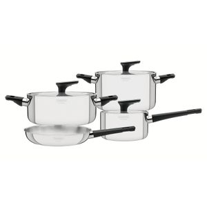 Juego de Ollas Grano Baquelita de acero inoxidable con cuerpo triple y mangos y asas de baquelita negra 7 piezas