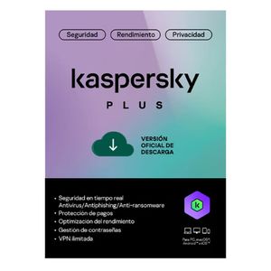 Antivirus Kaspersky Plus licencia digital, 1 dispositivo, 1 año, código online, protección Windows/macOS/Android/iOS
