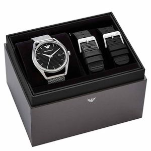 Reloj Emporio Armani Matteo AR80055 Set 3 Correas Acero Inoxidable Cuero y Silicona Dial Negro