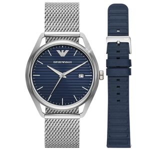 Reloj Emporio Armani Matteo AR80054 Hombre Fecha Set 2 Correas Acero Inoxidable y Cuero Dial Azul
