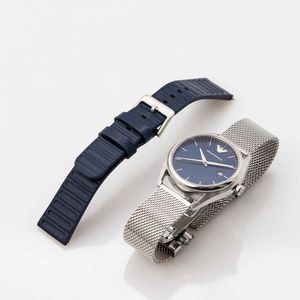 Reloj Emporio Armani Matteo AR80054 Hombre Fecha Set 2 Correas Acero Inoxidable y Cuero Dial Azul