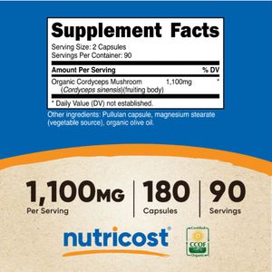 Nutricost Cordyceps Mushrooms 1100 Mg 180 Cápsulas Sabor Sin Sabor