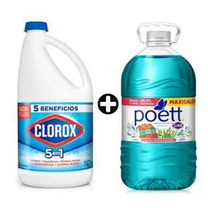 COMBO Lejía Clorox Tradicional 2 litros + Limpiador Poett Alegra tu día 4.5 litros