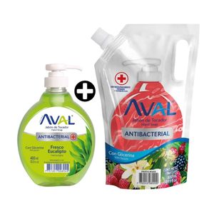 COMBO Aval: Jabón líquido antibacterial fresco Eucalipto 400ml + Jabón líquido antibacterial Frutos Rojos 800ml