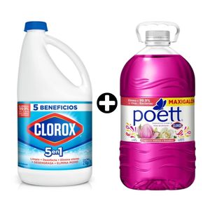 COMBO Lejía Clorox Tradicional 2 litros + Limpiador Poett Primavera 4.5 litros