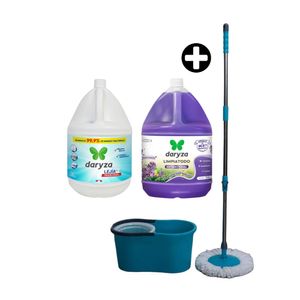 COMBO Lejía tradicional Daryza 1 galón + Limpiatodo Antibacterial Daryza Lavanda 1gl + Balde escurridor automático + Mopa Orange