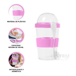 Vaso para Yogurt y Cereal de 350 ml con Cuchara en Rosado