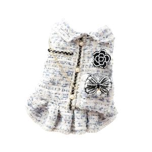 Ropa Para Perros Vestido Tweed Perlas Azul Blanco - Talla S