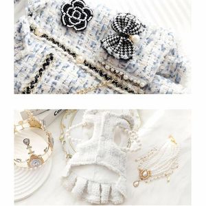 Ropa Para Perros Vestido Tweed Perlas Azul Blanco - Talla S