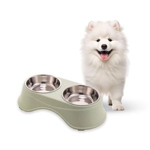 Comedero Elevado Doble Para Mascotas Acero Inoxidable Verde