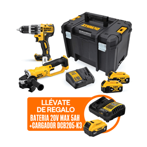COMBO Dewalt Inalámbrico: Taladro Percutor 1/2" 20V + Esmeril Angular 4-1/2" 20V DCK209P2T + Bateria 5.0Ah 20V Max DCB205 + Cargador