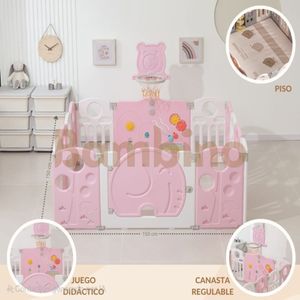 Corral Cerco Para Niños Con Alfombra y Basket Elefantito Rosa