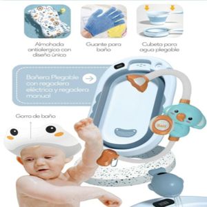 Bañera Para bebes Con Regadera Cojin Guante Gorrito Cubeta Para Agua Azul