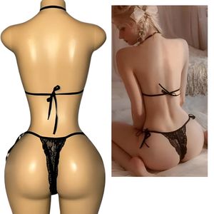 Lenceria de Encaje Lazo Tanga Brasier Conjuntos Negro Damas