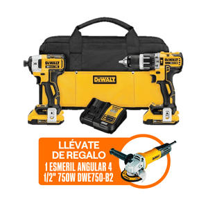 Combo Dewalt: Taladro Percutor 1/2" + Atornillador de Impacto 1/4" 20V + Esmeril Angular 4 1/2" 750W + 2 Baterias 2AH + Cargador + Maleta de Lona