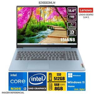 Laptop LENOVO IDEAPAD SLIM 3 15IAN8 Intel Core i3-N305 Pantalla 15.6" FHD RAM 8GB SSD 512GB
